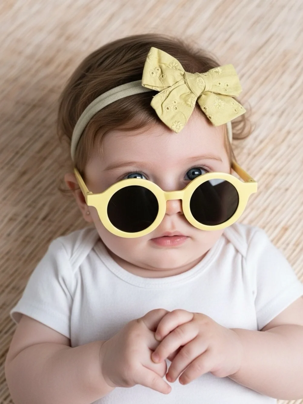Toddler Mustard Yellow Embroidered Bow Headband & Round Retro Sunglasses Set